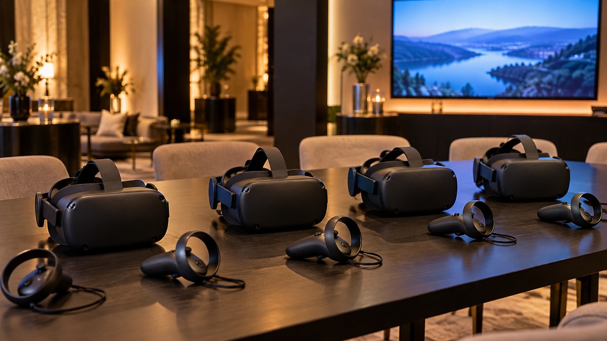 Négy VR-szemüveg és vezérlők egy rendezvényasztalon